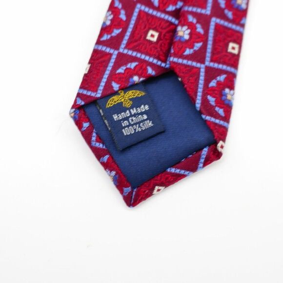 Eagle Shirtmakers Red Blue Geometric Floral Woven Silk Tie - Picture 4 of 6
